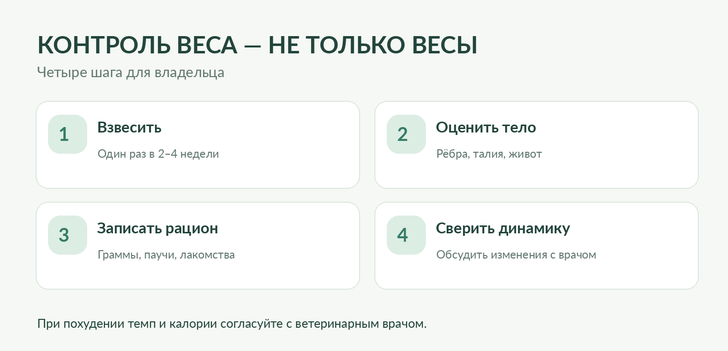 Инфографика четырёх шагов контроля веса стерилизованной кошки