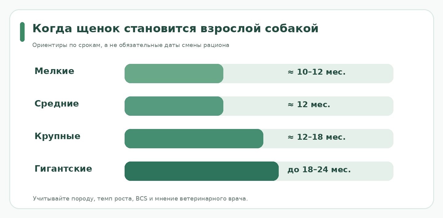 Инфографика: ориентировочный возраст перехода на питание для взрослых собак в зависимости от размера породы
