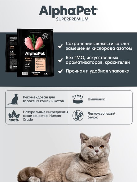 AlphaPet Superpremium - Сухой полнорационный корм с цыпленком для взрослых кошек и котов