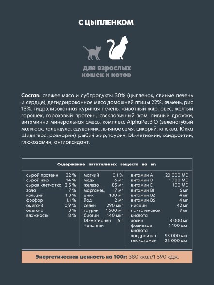 AlphaPet Superpremium - Сухой полнорационный корм с цыпленком для взрослых кошек и котов