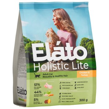 Elato Holistic Lite Adult Cat Beautiful &amp;amp; Healthy Hair - Сухой корм для взрослых кошек для красивой и здоровой шерсти, с курицей и индейкой