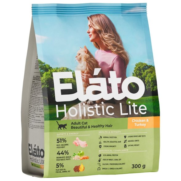 Elato Holistic Lite Adult Cat Beautiful &amp;amp; Healthy Hair - Сухой корм для взрослых кошек для красивой и здоровой шерсти, с курицей и индейкой
