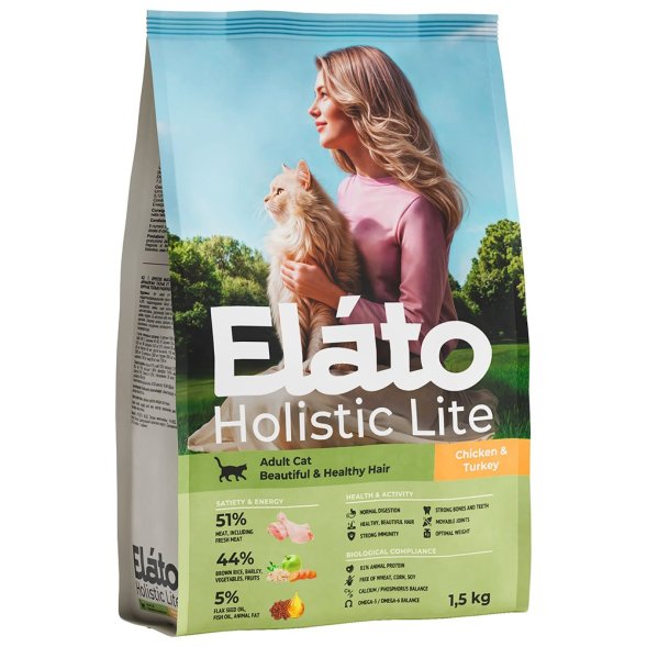 Elato Holistic Lite Adult Cat Beautiful &amp;amp; Healthy Hair - Сухой корм для взрослых кошек для красивой и здоровой шерсти, с курицей и индейкой