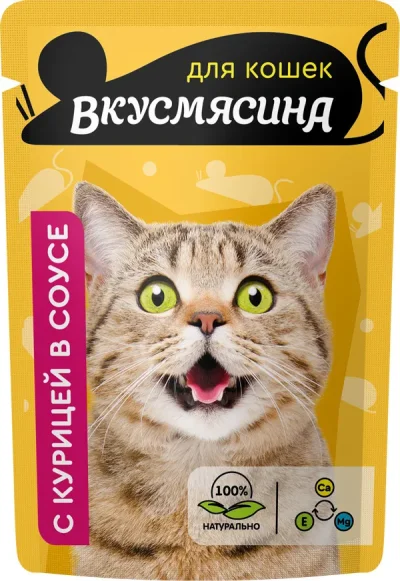 ВкусМясина - Пауч для кошек, кусочки с курицей в соусе, 85 г