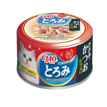 Inaba Ciao Toromi - Влажный корм для кошек, куриное филе и тунец кацуо с мальками ширасу в бульоне, 80 г