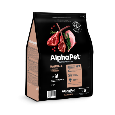 AlphaPet Superpremium - Сухой полнорационный корм с ягненком и кроликом для выведения шерсти у кошек и котов AlphaPet Superpremium - Сухой полнорационный корм с ягненком и кроликом для выведения шерсти у кошек и котов