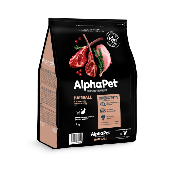 AlphaPet Superpremium - Сухой полнорационный корм с ягненком и кроликом для выведения шерсти у кошек и котов
