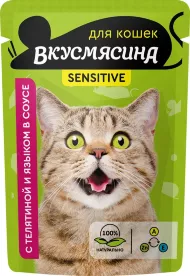 ВкусМясина - Пауч для кошек с чувствительным пищеварением, кусочки с телятиной и языком в соусе, 85г