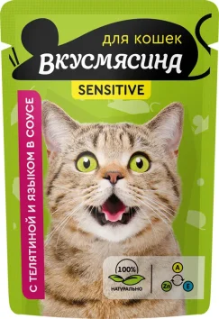 ВкусМясина - Пауч для кошек с чувствительным пищеварением, кусочки с телятиной и языком в соусе, 85 г
