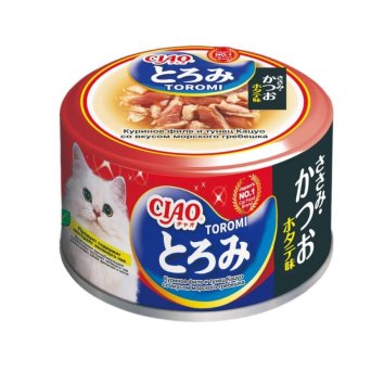 Inaba Ciao Toromi - Влажный корм для кошек, куриное филе и тунец кацуо со вкусом морского гребешка в бульоне, 80 г