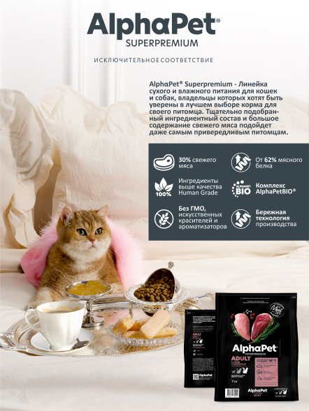 AlphaPet Superpremium - Сухой полнорационный корм с уткой и цыпленком для кошек и котов крупных пород