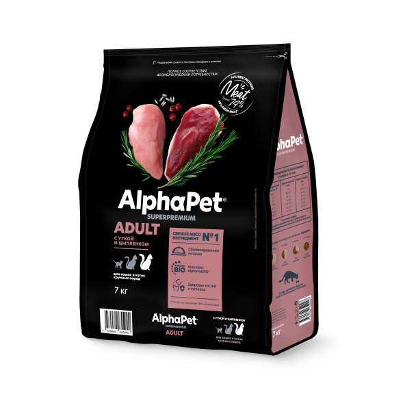 AlphaPet Superpremium - Сухой полнорационный корм с уткой и цыпленком для кошек и котов крупных пород