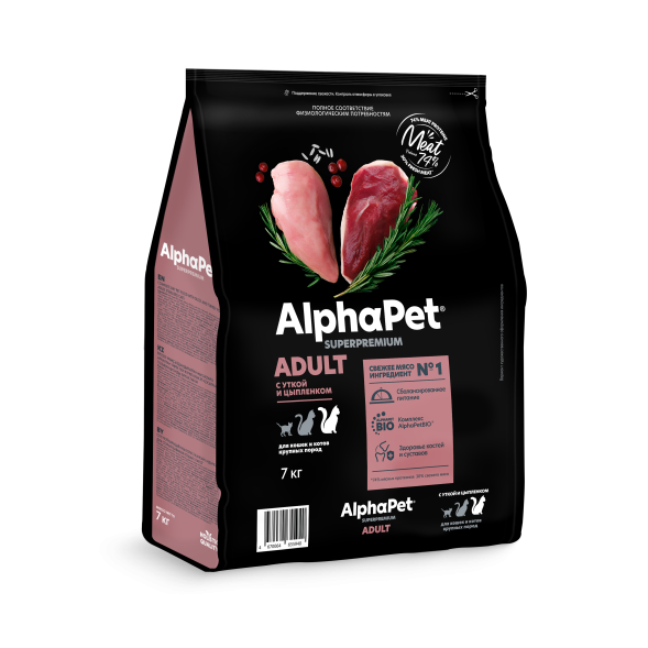 AlphaPet Superpremium - Сухой полнорационный корм с уткой и цыпленком для кошек и котов крупных пород