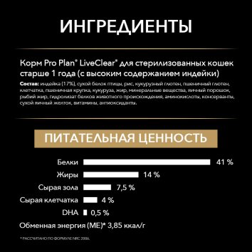 Pro Plan LiveClear Sterilised - Сухой корм для стерилизованных кошек, с Индейкой