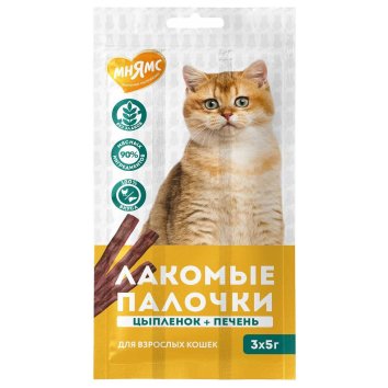 Мнямс - Лакомство для кошек, лакомые палочки из цыпленка и печени