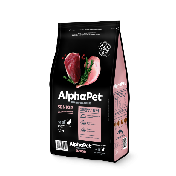 AlphaPet Superpremium - Сухой полнорационный корм с кроликом и уткой для кошек и котов от 7 лет