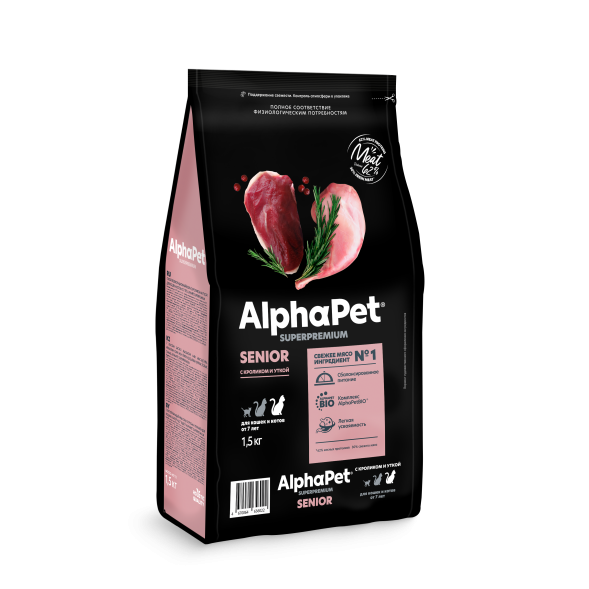 AlphaPet Superpremium - Сухой полнорационный корм с кроликом и уткой для кошек и котов от 7 лет