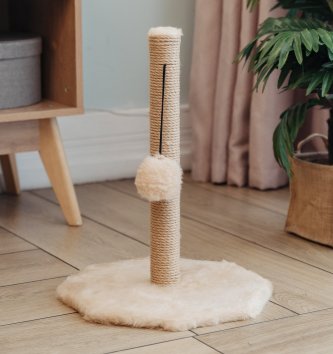 PetSHOP - Когтеточка-столбик, восьмиугольная с помпоном, серая, 48x36x34 см джут, мех