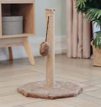 PetSHOP - Когтеточка-столбик, восьмиугольная с помпоном, серая, 48x36x34 см джут, мех