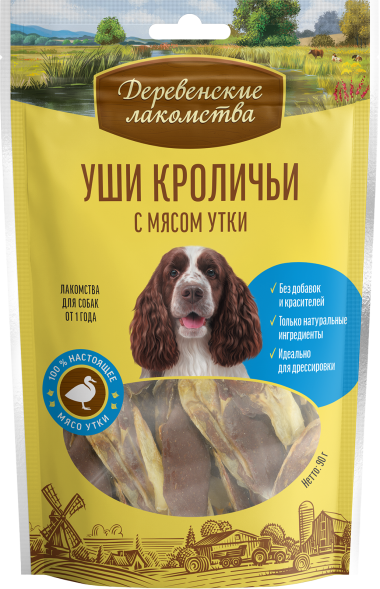 Деревенские Лакомства - Лакомства для собак, уши кроличьи с мясом утки, 100% мяса, 90 г