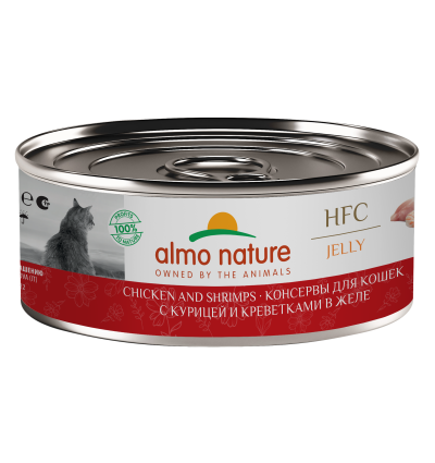 Almo Nature HFC - Корм консервиованный полнорационный для кошек, с курицей и креветками в желе 100гр