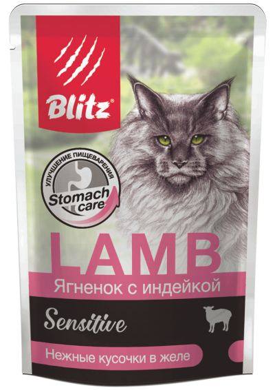 Blitz Sensitive - Пауч для взрослых кошек, с Ягненком и Индейкой, 85 гр