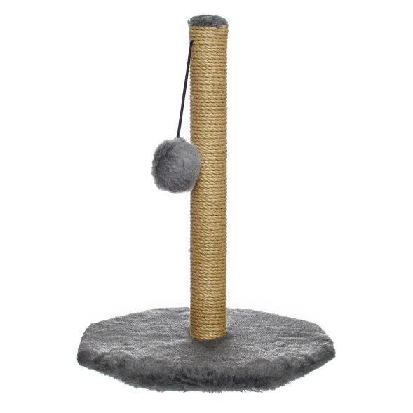 PetSHOP - Когтеточка-столбик, восьмиугольная с помпоном, темно-серая, 48x36x34 см джут, мех