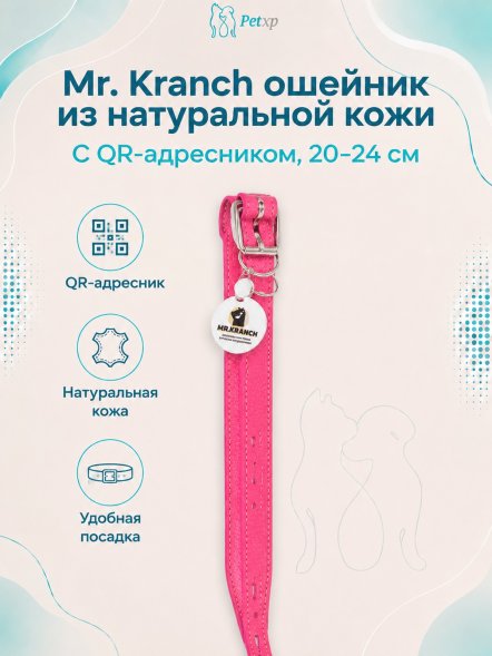 Mr. Kranch - Ошейник для собак из натуральной кожи с QR-адресникомм, 20-24 см