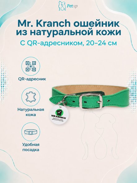 Mr. Kranch - Ошейник для собак из натуральной кожи с QR-адресникомм, 20-24 см
