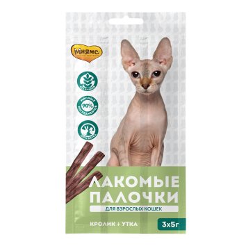 Мнямс - Лакомство для кошек, лакомые палочки с уткой и кроликом