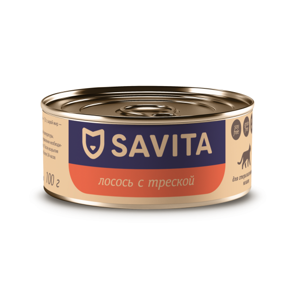 Savita - Консервы для стерилизованных кошек, лосось и треска, 100г