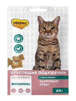 Мнямс - Лакомство для кошек, &amp;quot;Здоровые зубы&amp;quot; хрустящие подушечки, с Цыпленком, 60 г