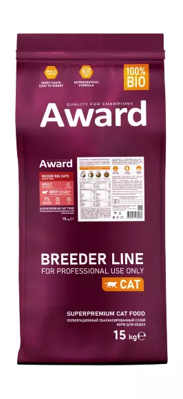 Award PFB Hairball & Indoor - Сухой корм для взрослых кошек, для выведения шерсти с уткой и индейкой с добавлением зеленой чечевицы и Юкки Шидигера 15кг