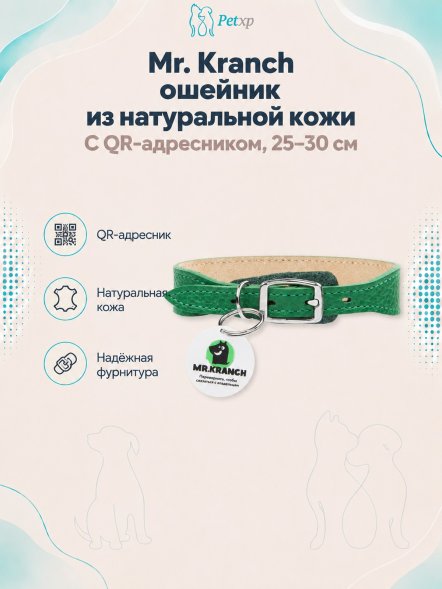 Mr. Kranch - Ошейник для собак из натуральной кожи с QR-адресникомм, 25-30 см