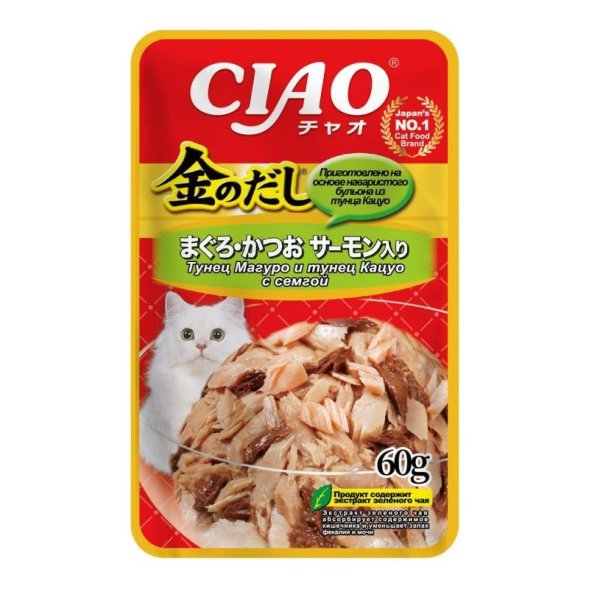 Inaba Ciao Kinnodashi - Влажный корм для кошек, тунец магуро и тунец кацуо с сёмгой, 60 г