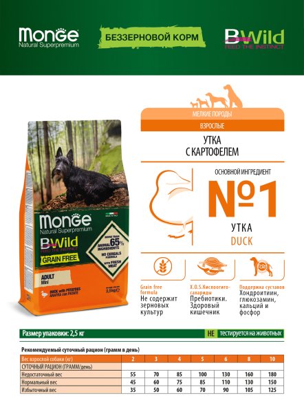 Monge BWild Grain Free - Корм для собак мелких пород утка с картофелем, беззерновой 2,5кг