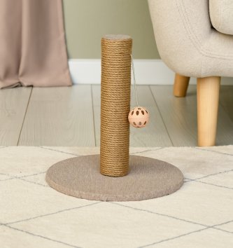 PetSHOP - Когтеточка-столбик, светло-бежевая с шариком 29x29x32 см джут, ткань рогожка