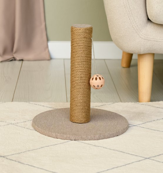 PetSHOP - Когтеточка-столбик, светло-бежевая с шариком 29x29x32 см джут, ткань рогожка