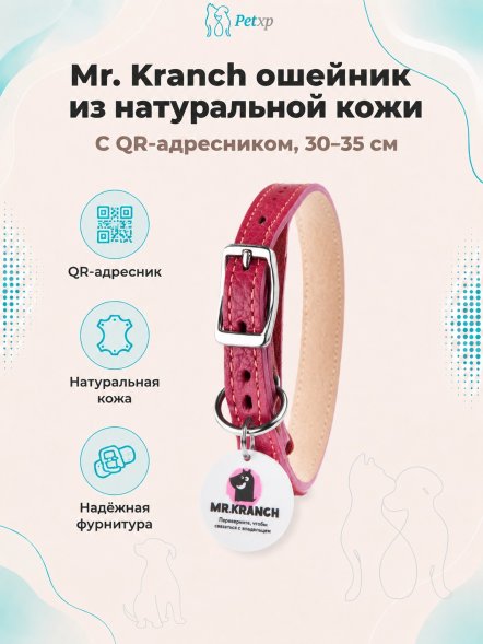 Mr. Kranch - Ошейник для собак из натуральной кожи с QR-адресникомм, 30-35 см