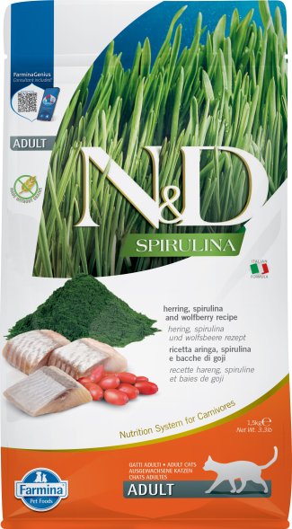 Farmina N&amp;amp;D Spirulina - Сухой корм для кошек, Сельдь и Ягоды Годжи 1.5 кг