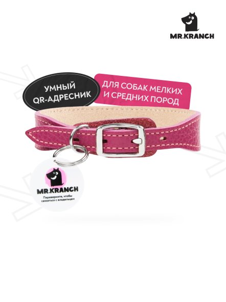 Mr. Kranch - Ошейник для собак из натуральной кожи с QR-адресникомм, 38-45 см