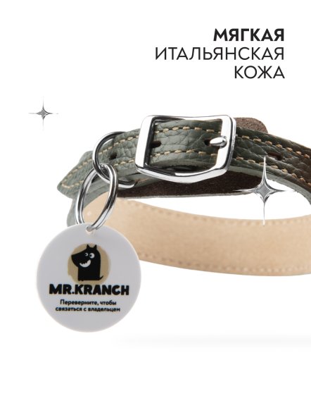Mr. Kranch - Ошейник для собак из натуральной кожи с QR-адресникомм, 38-45 см