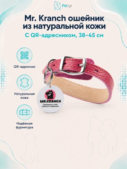 Mr. Kranch - Ошейник для собак из натуральной кожи с QR-адресникомм, 38-45 см