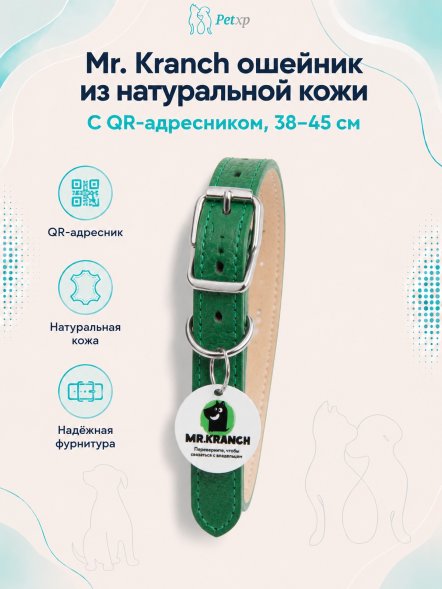 Mr. Kranch - Ошейник для собак из натуральной кожи с QR-адресникомм, 38-45 см