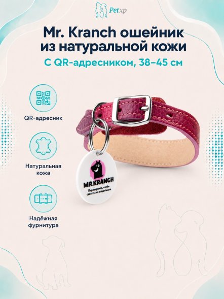 Mr. Kranch - Ошейник для собак из натуральной кожи с QR-адресникомм, 38-45 см