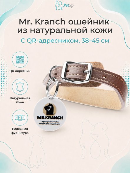 Mr. Kranch - Ошейник для собак из натуральной кожи с QR-адресникомм, 38-45 см
