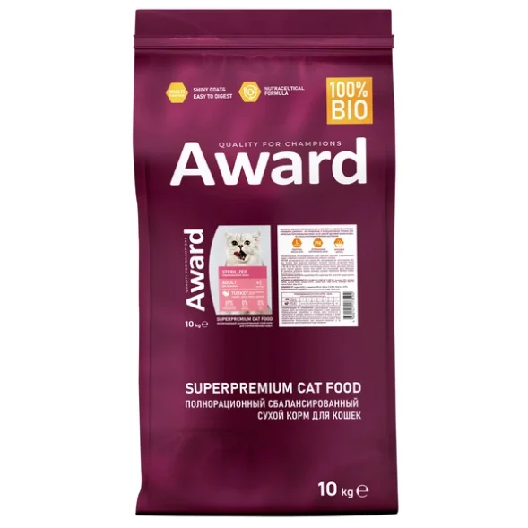 Award PFB Sterilized - Сухой корм для взрослых стерилизованных кошек с Индейкой и Курицей с добавлением Клюквы и Цикория 15кг