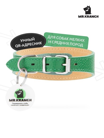 Mr. Kranch - Ошейник-селедка для собак из натуральной кожи с QR-адресникомм, 19-23 см