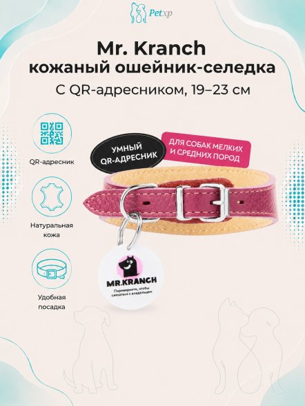 Mr. Kranch - Ошейник-селедка для собак из натуральной кожи с QR-адресникомм, 19-23 см
