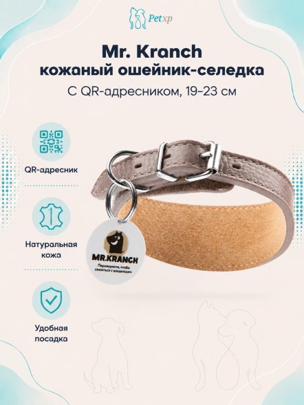 Mr. Kranch - Ошейник-селедка для собак из натуральной кожи с QR-адресникомм, 19-23 см